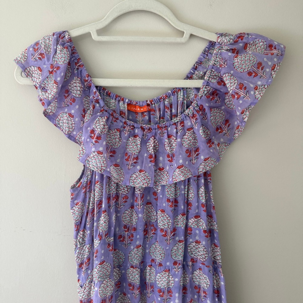 Oliphant Lavender Floral Cotton Smocked Ruffle Off Shoulder Midi Dress Medium - Picture 2 of 6
